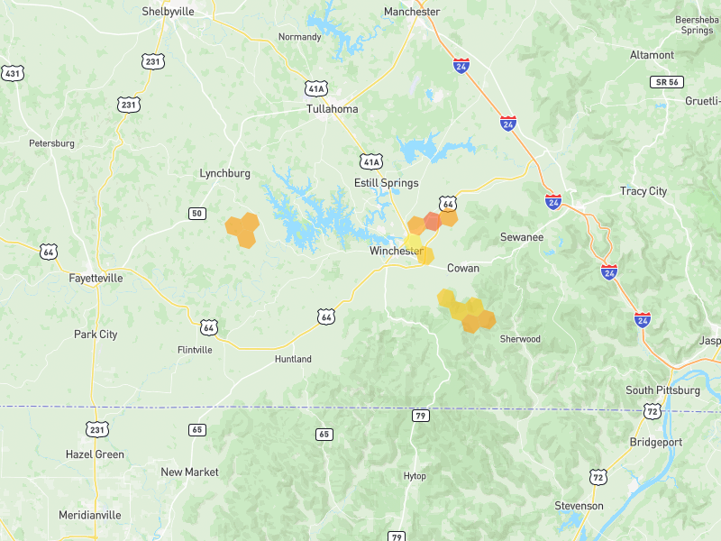 Hail map of Winchester, TN on Jul 3, 2026, hail up to 1.75"