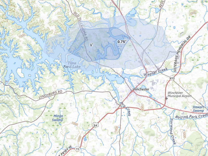NEXRAD radar-signature map of the hail over Winchester, TN