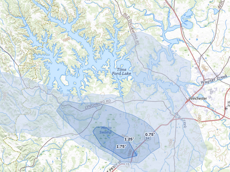 NEXRAD radar-signature map of the hail storm over Winchester, TN on Aug 17, 2026
