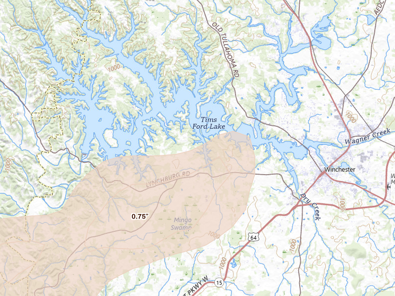 Radar-estimated hail-size map of the storm over Winchester, TN on Aug 20, 2026