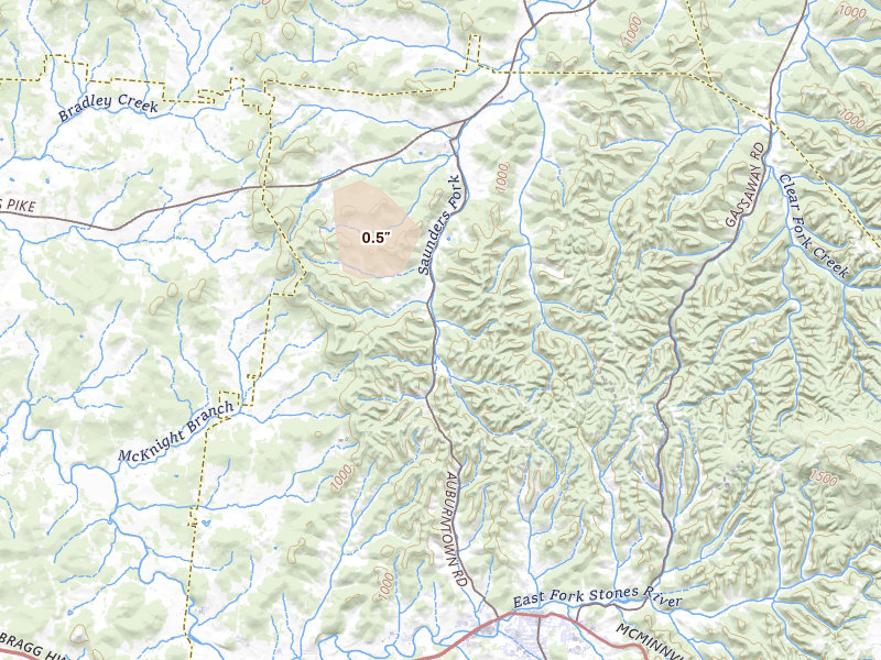 Radar-estimated hail-size map of the storm over Woodbury, TN on Apr 25, 2026