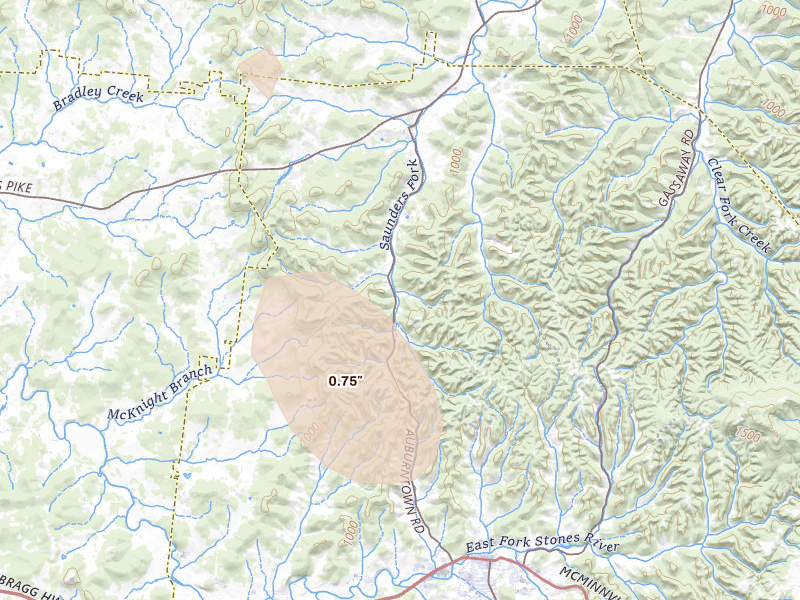 Radar-estimated hail-size map of the storm over Woodbury, TN on Jul 3, 2026