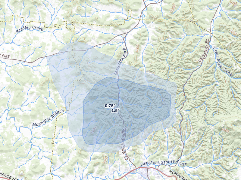 NEXRAD radar-signature map of the hail storm over Woodbury, TN on Jul 3, 2026