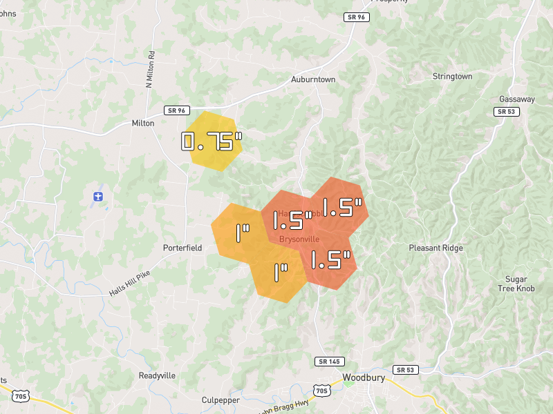 Hail map of Woodbury, TN on Jul 3, 2026, hail up to 1.5"