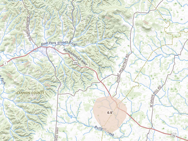 Radar-estimated hail-size map of the storm over Woodbury, TN on Jul 19, 2026