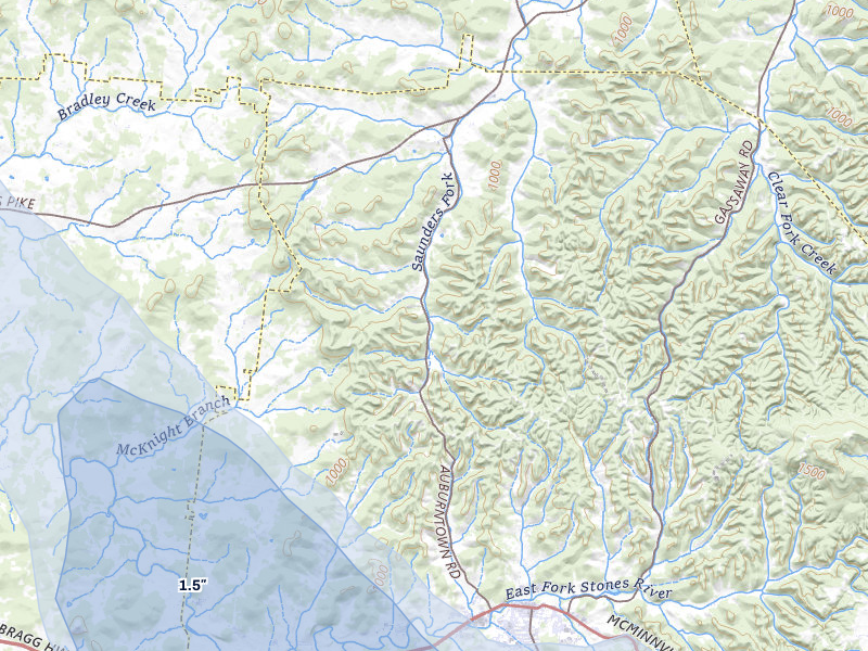 NEXRAD radar-signature map of the hail storm over Woodbury, TN on Aug 11, 2026