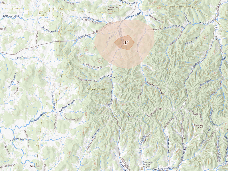 Radar-estimated hail-size map of the storm over Woodbury, TN