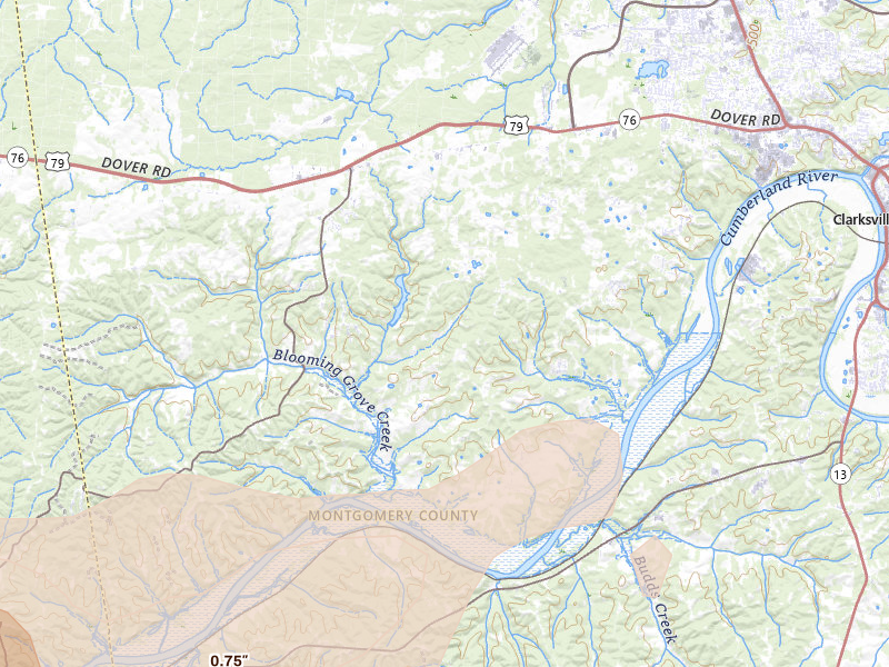 Radar-estimated hail-size map of the storm over Woodlawn, TN on Apr 27, 2026