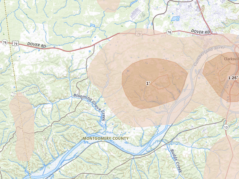 Radar-estimated hail-size map of the storm over Woodlawn, TN on Jul 2, 2026