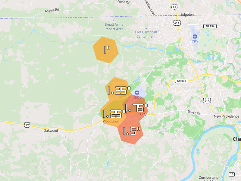 Hail map of Woodlawn, TN on Jul 2, 2026, hail up to 1.75"
