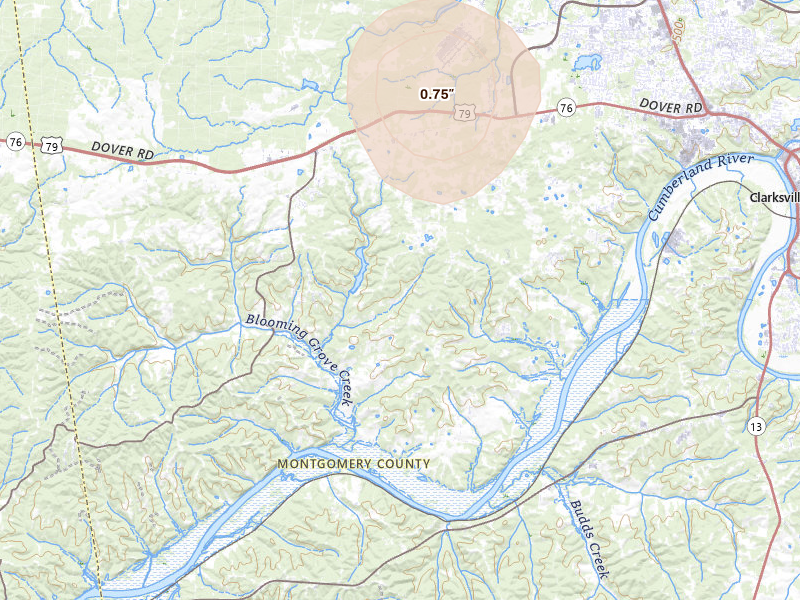 Radar-estimated hail-size map of the storm over Woodlawn, TN on Jul 3, 2026