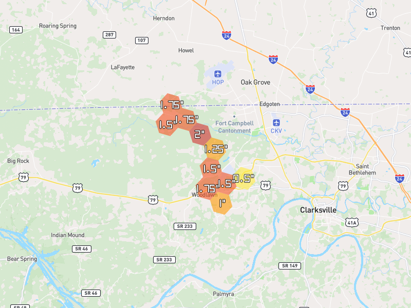 Hail map of Woodlawn, TN on Jul 3, 2026, hail up to 2"