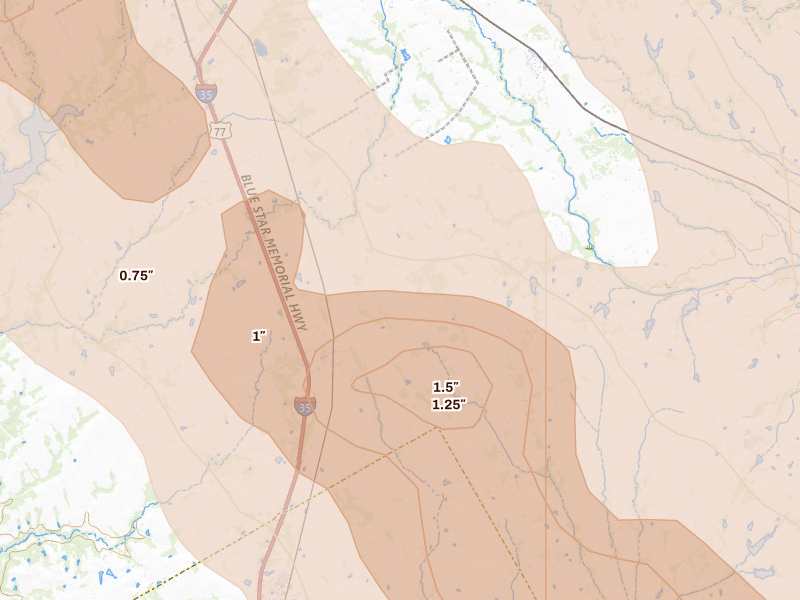 Radar-estimated hail-size map of the storm over Abbott, TX on Apr 28, 2026