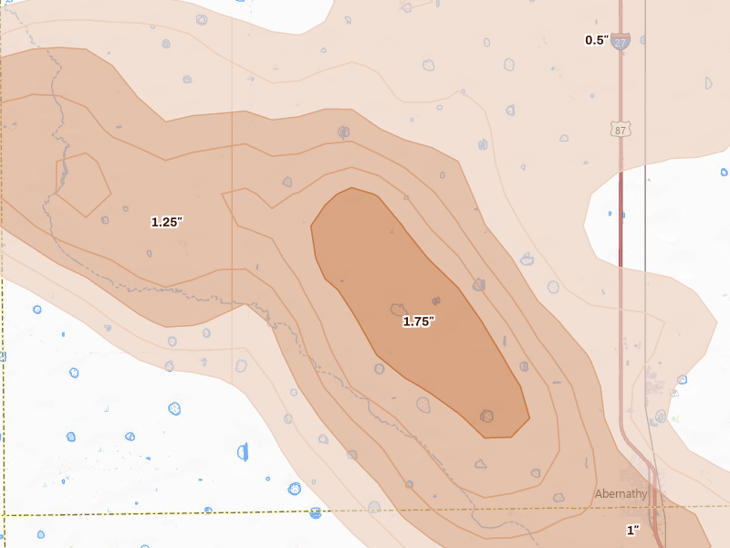 Radar-estimated hail-size map of the storm over Abernathy, TX on Jun 23, 2026
