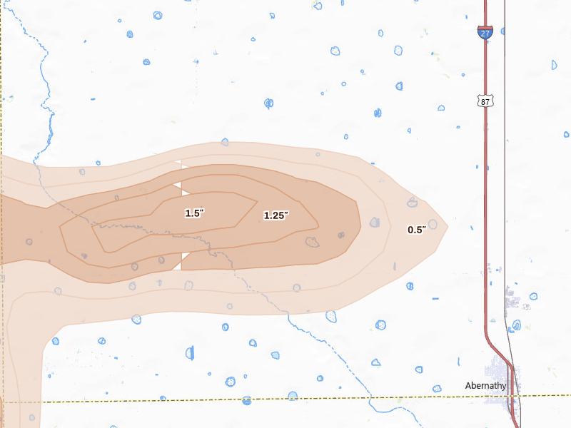 Radar-estimated hail-size map of the storm over Abernathy, TX on Jun 24, 2026