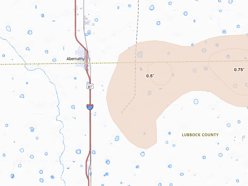 Radar-estimated hail-size map of the storm over Abernathy, TX on Aug 13, 2026