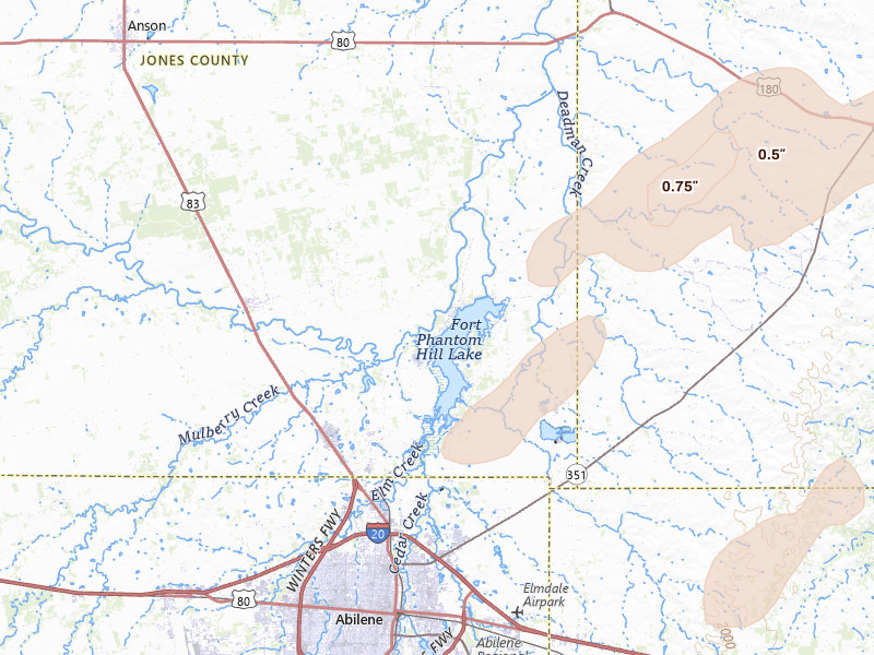 Radar-estimated hail-size map of the storm over Abilene, TX on Mar 6, 2026
