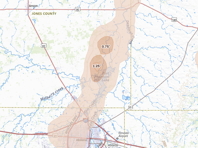 Radar-estimated hail-size map of the storm over Abilene, TX on Jul 5, 2026