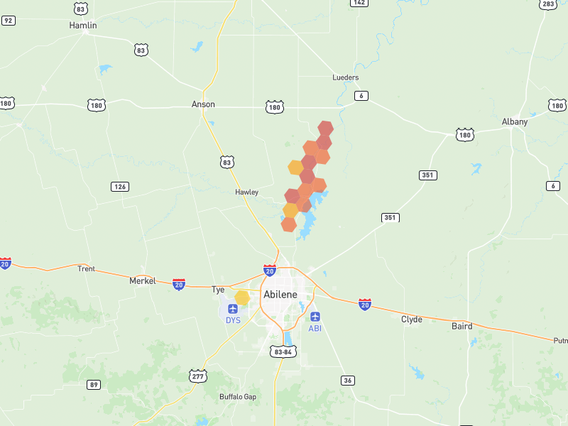 Hail map of Abilene, TX on Jul 5, 2026, hail up to 2"