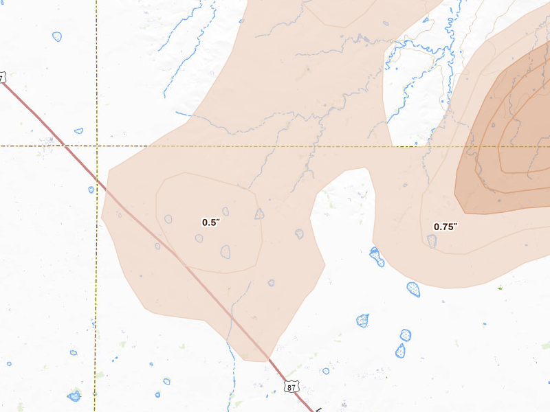 Radar-estimated hail-size map of the storm over Ackerly, TX on May 23, 2026