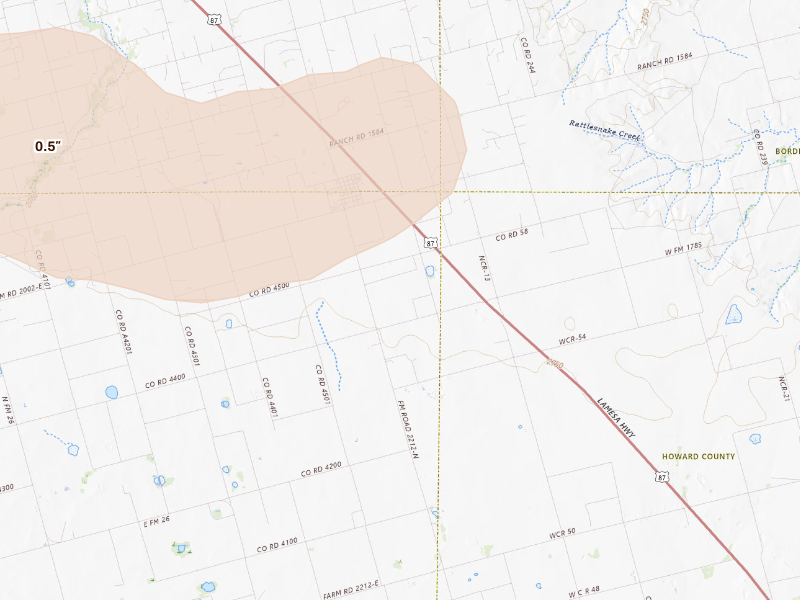 Radar-estimated hail-size map of the storm over Ackerly, TX on Sep 26, 2026