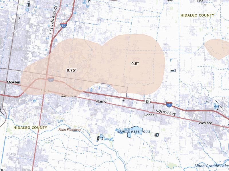 Radar-estimated hail-size map of the storm over Alamo, TX on May 9, 2026
