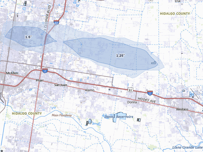 NEXRAD radar-signature map of the hail storm over Alamo, TX on May 9, 2026