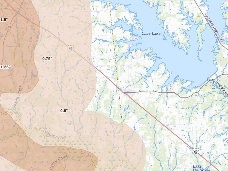 Radar-estimated hail-size map of the storm over Alba, TX on Apr 24, 2026
