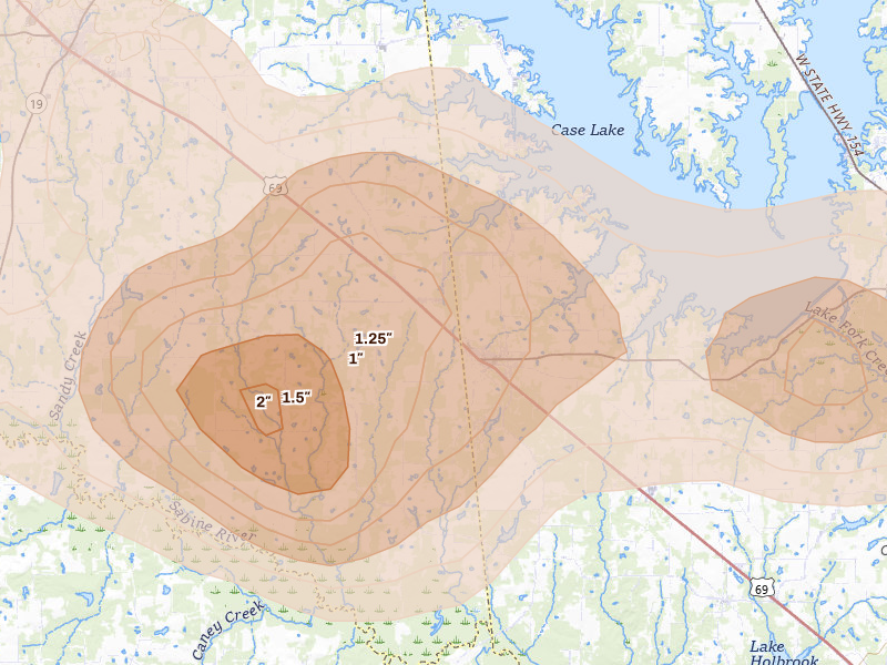 Radar-estimated hail-size map of the storm over Alba, TX on Jun 2, 2026