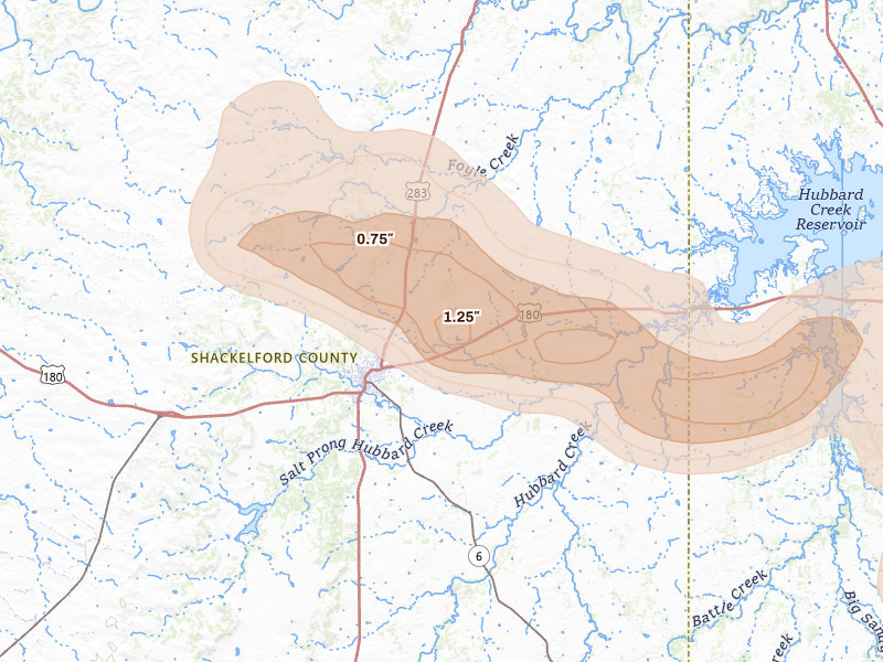 Radar-estimated hail-size map of the storm over Albany, TX on May 10, 2026