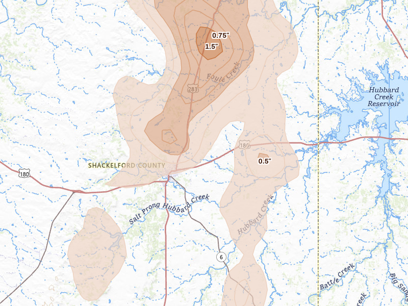 Radar-estimated hail-size map of the storm over Albany, TX on Jul 5, 2026