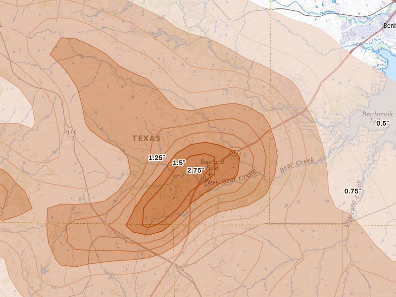 Radar-estimated hail-size map of the storm over Aledo, TX on Apr 28, 2026