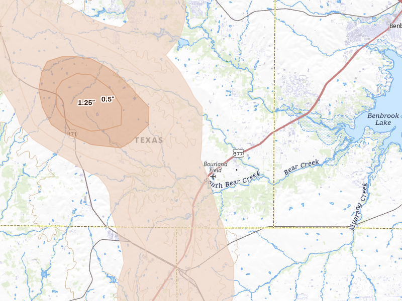 Radar-estimated hail-size map of the storm over Aledo, TX on May 28, 2026