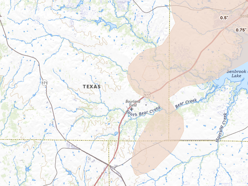 Radar-estimated hail-size map of the storm over Aledo, TX on Jun 2, 2026