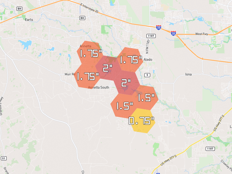 Hail map of Aledo, TX on Jul 7, 2026, hail up to 2"