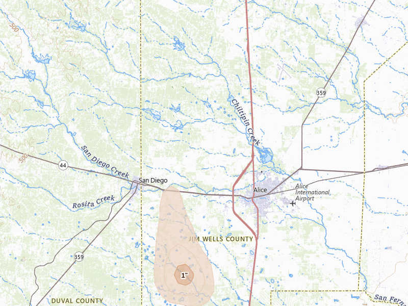 Radar-estimated hail-size map of the storm over Alice, TX on Jul 6, 2026