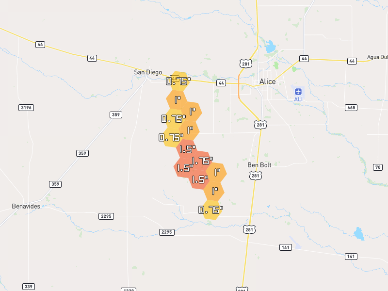 Hail map of Alice, TX on Jul 6, 2026, hail up to 1.75"