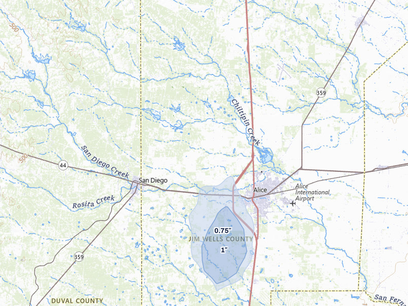 NEXRAD radar-signature map of the hail storm over Alice, TX on Jul 8, 2026