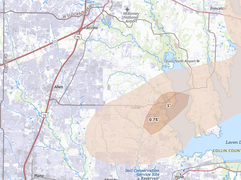 Radar-estimated hail-size map of the storm over Allen, TX on Apr 27, 2026