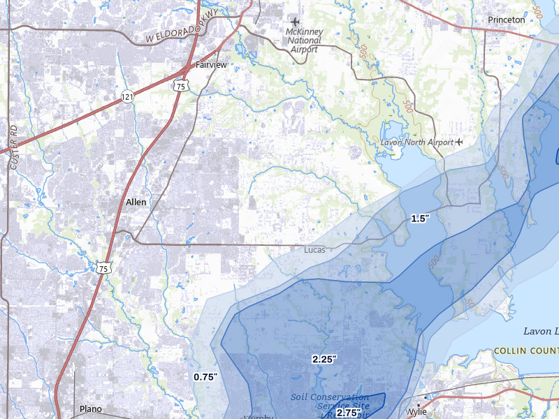 NEXRAD radar-signature map of the hail over Allen, TX