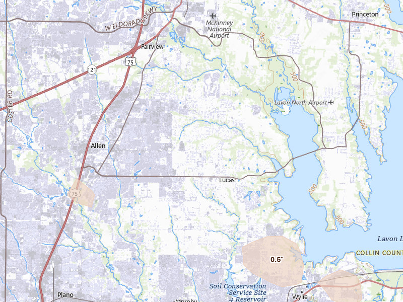Radar-estimated hail-size map of the storm over Allen, TX on Jun 19, 2026