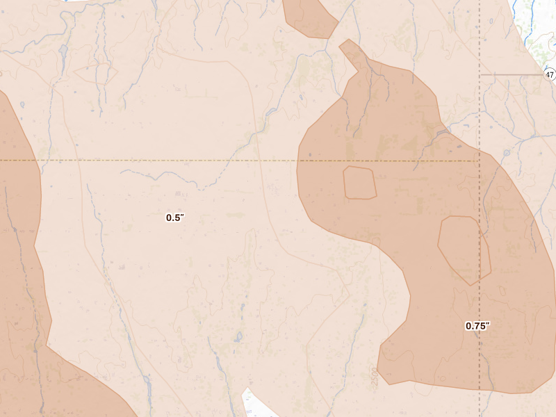 Radar-estimated hail-size map of the storm over Allison, TX on Jun 23, 2026