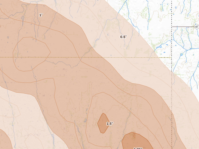 Radar-estimated hail-size map of the storm over Allison, TX on Jun 25, 2026