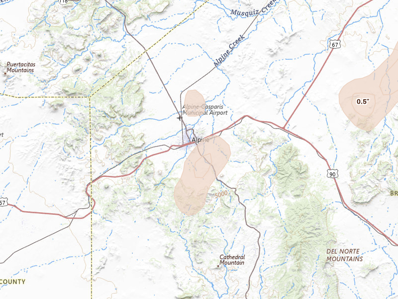 Radar-estimated hail-size map of the storm over Alpine, TX on May 31, 2026