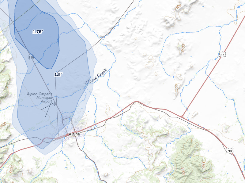 NEXRAD radar-signature map of the hail storm over Alpine, TX on Jun 1, 2026