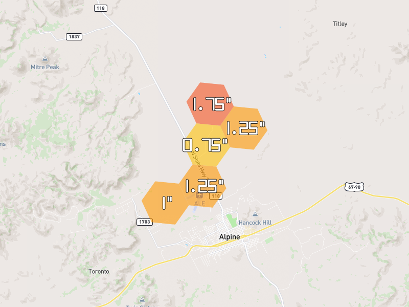 Hail map of Alpine, TX on Jun 1, 2026, hail up to 1.75"