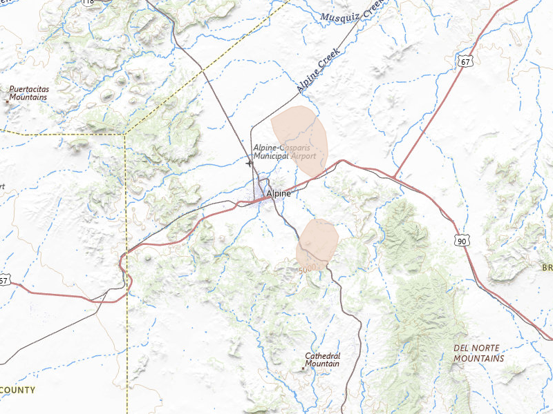 Radar-estimated hail-size map of the storm over Alpine, TX on Jul 18, 2026