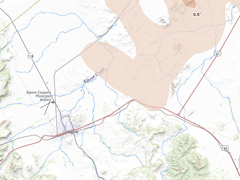 Radar-estimated hail-size map of the storm over Alpine, TX on Aug 13, 2026