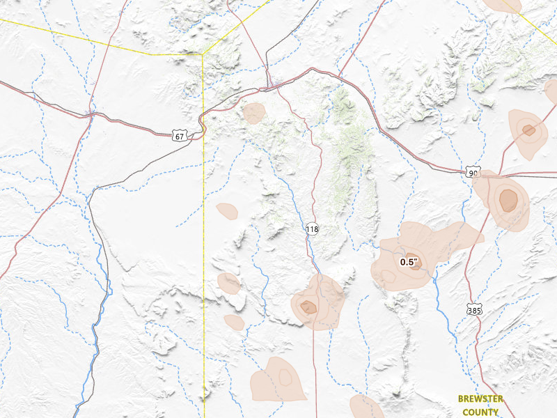 Radar-estimated hail-size map of the storm over Alpine, TX on Aug 14, 2026