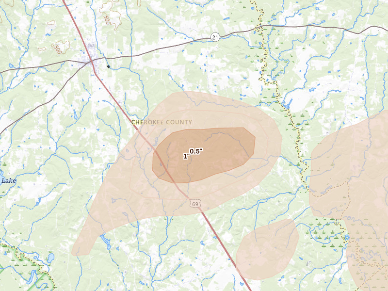 Radar-estimated hail-size map of the storm over Alto, TX on Jun 2, 2026
